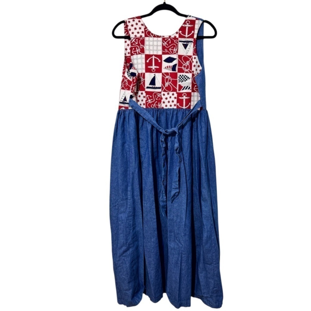 VTG 70s Krist Gudnason Sleeveless Midi Dress Medium Nautical Theme Denim Pockets - Picture 8 of 10